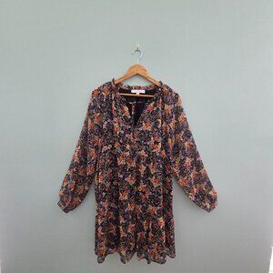 LOFT FLORAL BABYDOLL DRESS WITH LONG SLEEVES, BLACK/MULTI-COLORED FLOWERS Medium